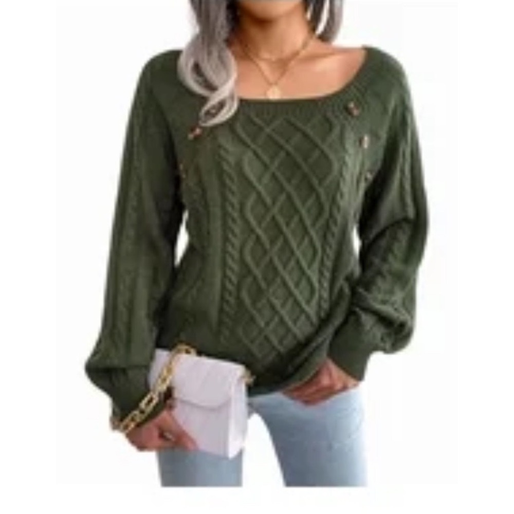 Cable Knit Sweater Womens 5XL Green Button Detail Cozy Fall Winter Y2K